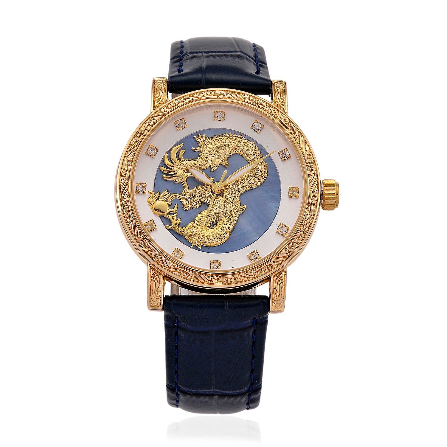 GENOA TIME LIMITED EDITION Dragon Series 3ATM WR Mother Of Pearl Dial &amp; Gold Case Watch with Austrian Crystal Accents &amp; Blue Leather Strap Presented in a Gift Box 8319726 0