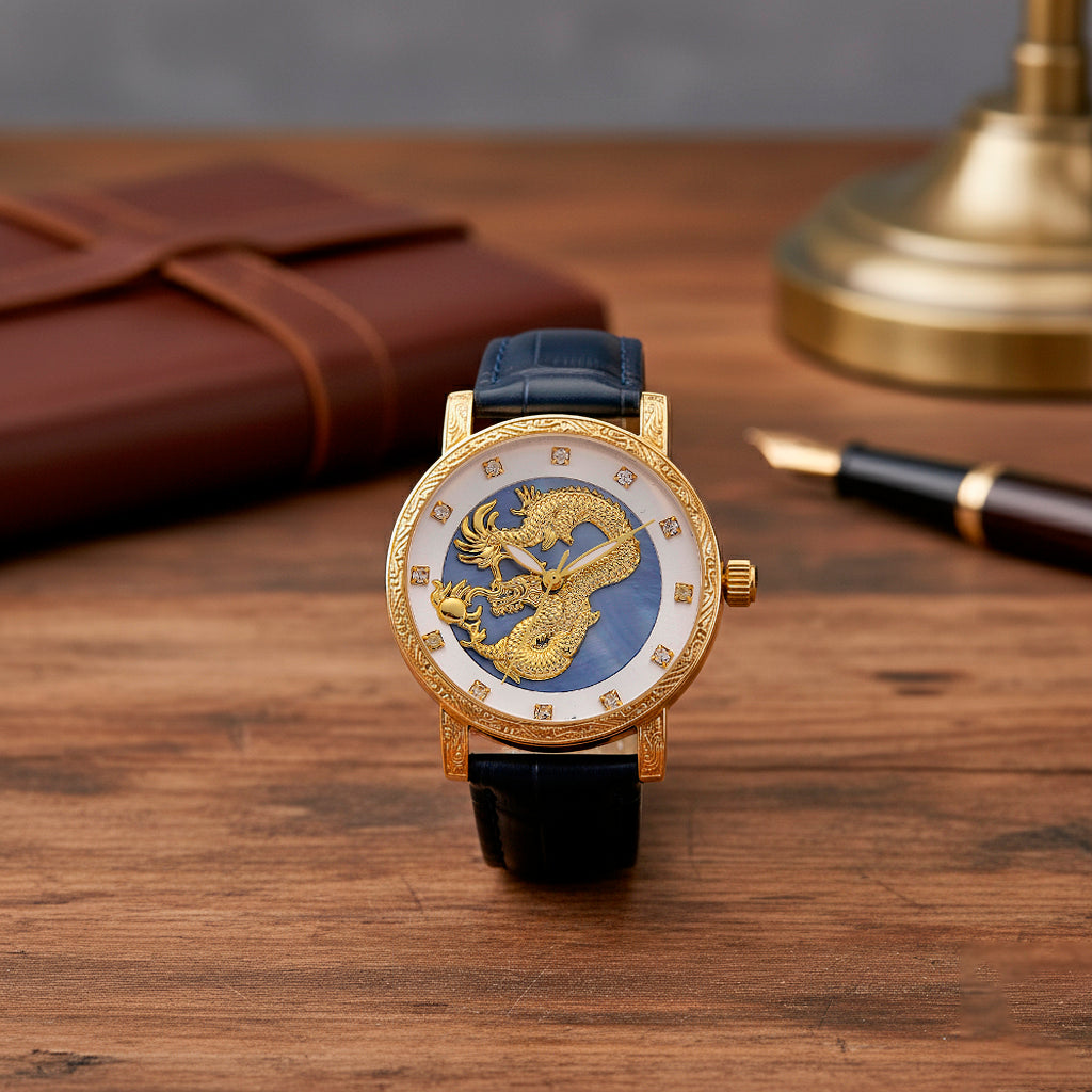 GENOA TIME LIMITED EDITION Dragon Series 3ATM WR Mother Of Pearl Dial &amp; Gold Case Watch with Austrian Crystal Accents &amp; Blue Leather Strap Presented in a Gift Box 8319726 1