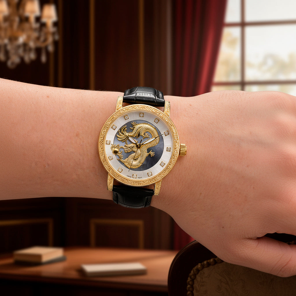 GENOA TIME LIMITED EDITION Dragon Series 3ATM WR Mother Of Pearl Dial &amp; Gold Case Watch with Austrian Crystal Accents &amp; Blue Leather Strap Presented in a Gift Box 8319726 2