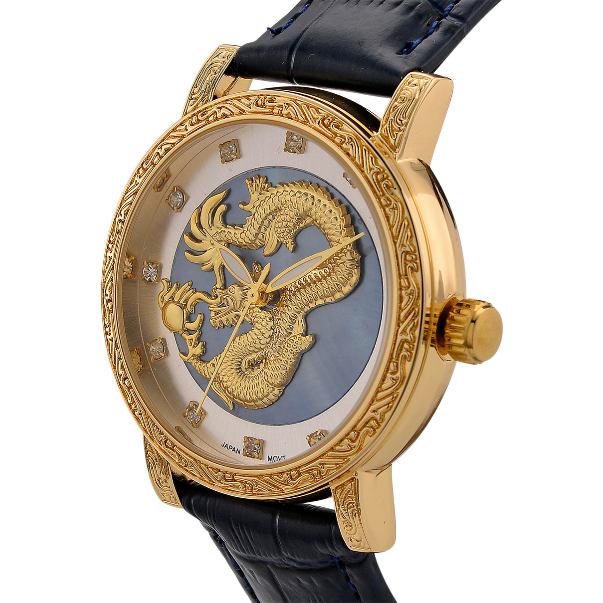 GENOA TIME LIMITED EDITION Dragon Series 3ATM WR Mother Of Pearl Dial &amp; Gold Case Watch with Austrian Crystal Accents &amp; Blue Leather Strap Presented in a Gift Box 8319726 3