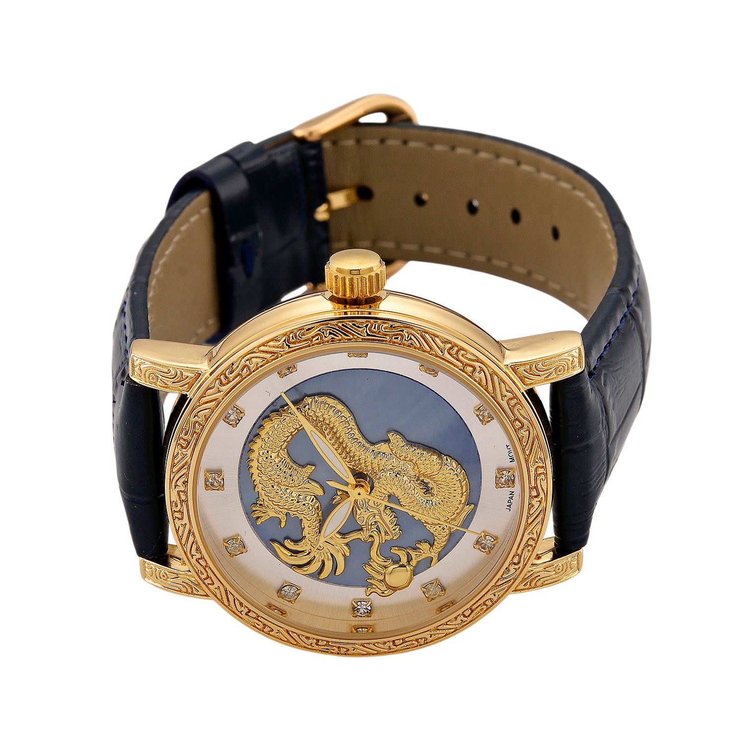 GENOA TIME LIMITED EDITION Dragon Series 3ATM WR Mother Of Pearl Dial &amp; Gold Case Watch with Austrian Crystal Accents &amp; Blue Leather Strap Presented in a Gift Box 8319726 4
