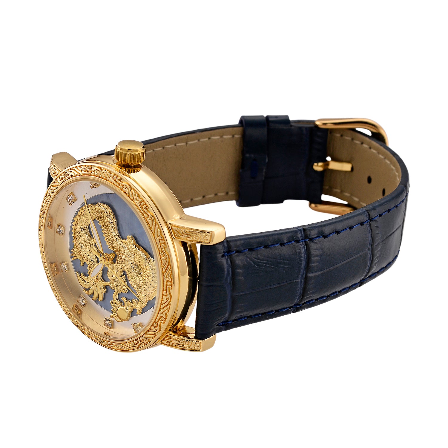 GENOA TIME LIMITED EDITION Dragon Series 3ATM WR Mother Of Pearl Dial &amp; Gold Case Watch with Austrian Crystal Accents &amp; Blue Leather Strap Presented in a Gift Box 8319726 5