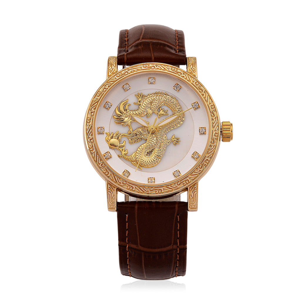 GENOA TIME LIMITED EDITION Dragon Series 3ATM WR Mother Of Pearl Dial & Gold Case Watch with Austrian Crystal Accents & Brown Leather Strap Presented in a Gift Box_8319727