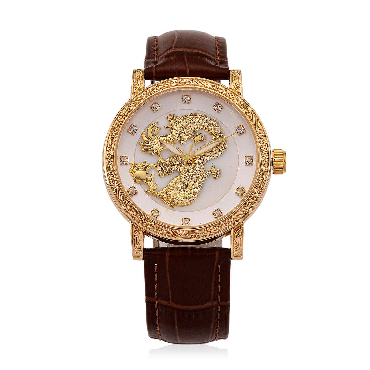 GENOA TIME LIMITED EDITION Dragon Series 3ATM WR Mother Of Pearl Dial &amp; Gold Case Watch with Austrian Crystal Accents &amp; Brown Leather Strap Presented in a Gift Box 8319727 0