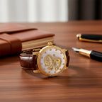 GENOA TIME LIMITED EDITION Dragon Series 3ATM WR Mother Of Pearl Dial & Gold Case Watch with Austrian Crystal Accents & Brown Leather Strap Presented in a Gift Box_8319727_1