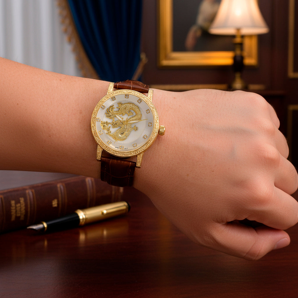 GENOA TIME LIMITED EDITION Dragon Series 3ATM WR Mother Of Pearl Dial &amp; Gold Case Watch with Austrian Crystal Accents &amp; Brown Leather Strap Presented in a Gift Box 8319727 2