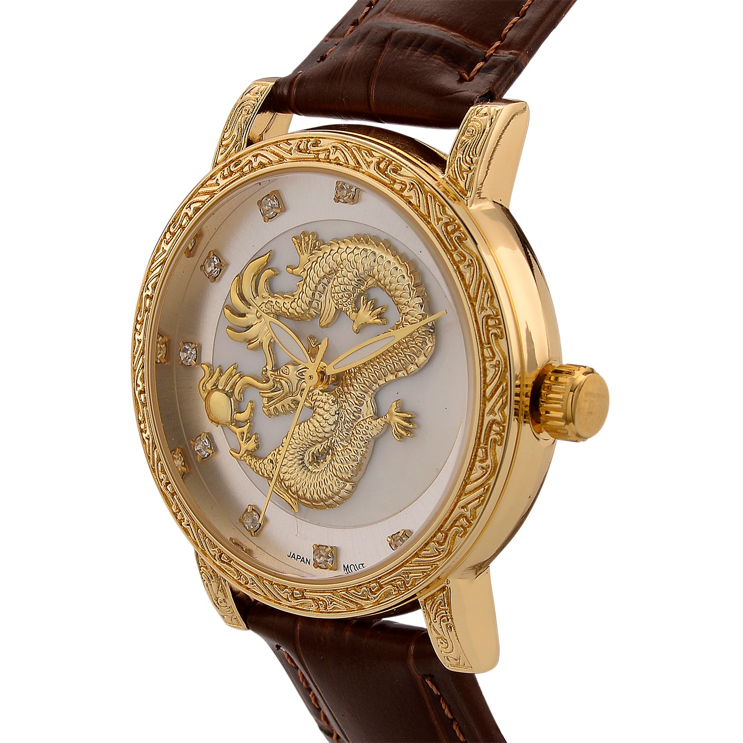 GENOA TIME LIMITED EDITION Dragon Series 3ATM WR Mother Of Pearl Dial &amp; Gold Case Watch with Austrian Crystal Accents &amp; Brown Leather Strap Presented in a Gift Box 8319727 3