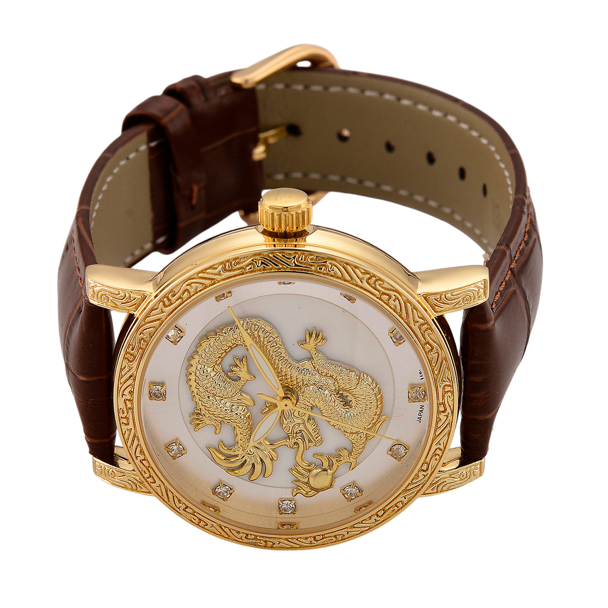 GENOA TIME LIMITED EDITION Dragon Series 3ATM WR Mother Of Pearl Dial &amp; Gold Case Watch with Austrian Crystal Accents &amp; Brown Leather Strap Presented in a Gift Box 8319727 4