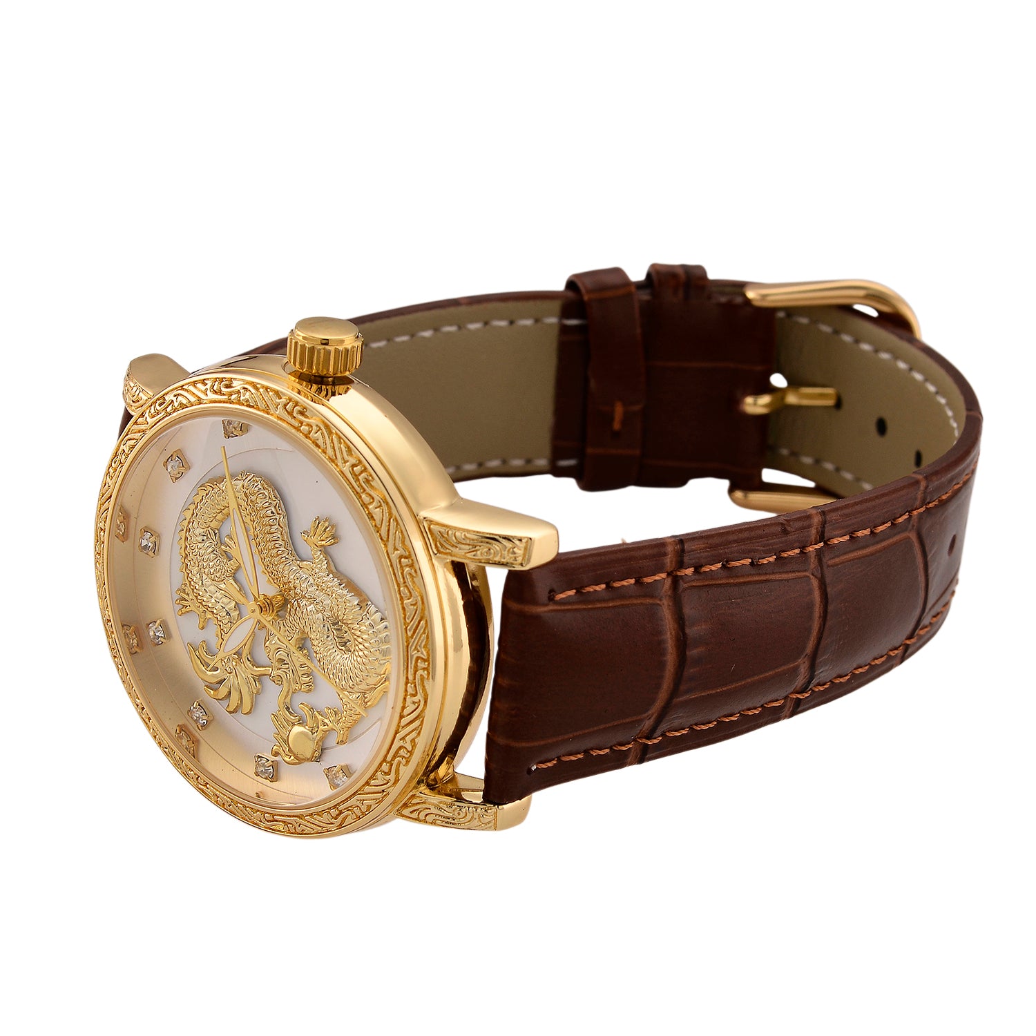 GENOA TIME LIMITED EDITION Dragon Series 3ATM WR Mother Of Pearl Dial &amp; Gold Case Watch with Austrian Crystal Accents &amp; Brown Leather Strap Presented in a Gift Box 8319727 5
