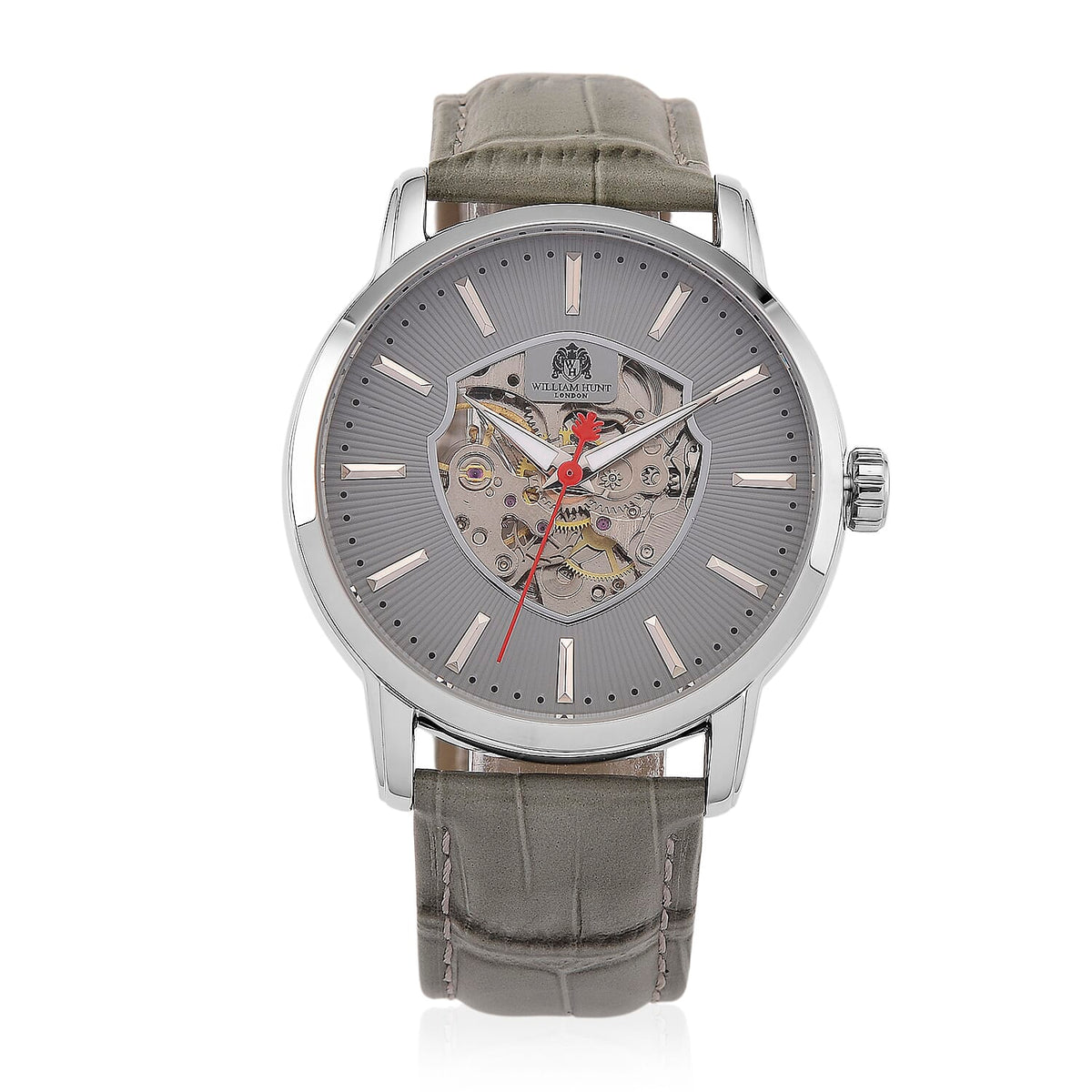 WILLIAM HUNT Automatic Movement 5 ATM Water Resistant Watch With Skeleton Display, Exhibition Back &amp; Grey Leather Strap Presented in a Gift Box V32614081 0