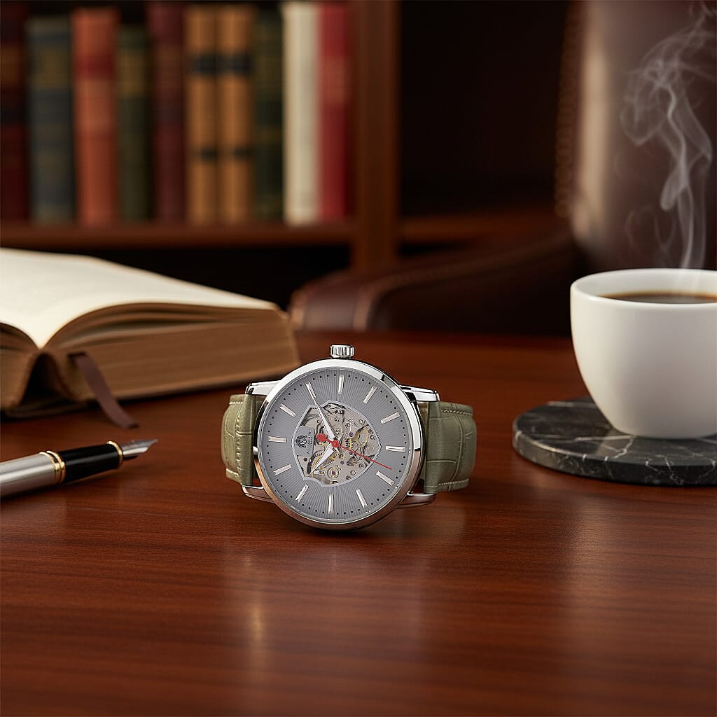 WILLIAM HUNT Automatic Movement 5 ATM Water Resistant Watch With Skeleton Display, Exhibition Back &amp; Grey Leather Strap Presented in a Gift Box V32614081 1