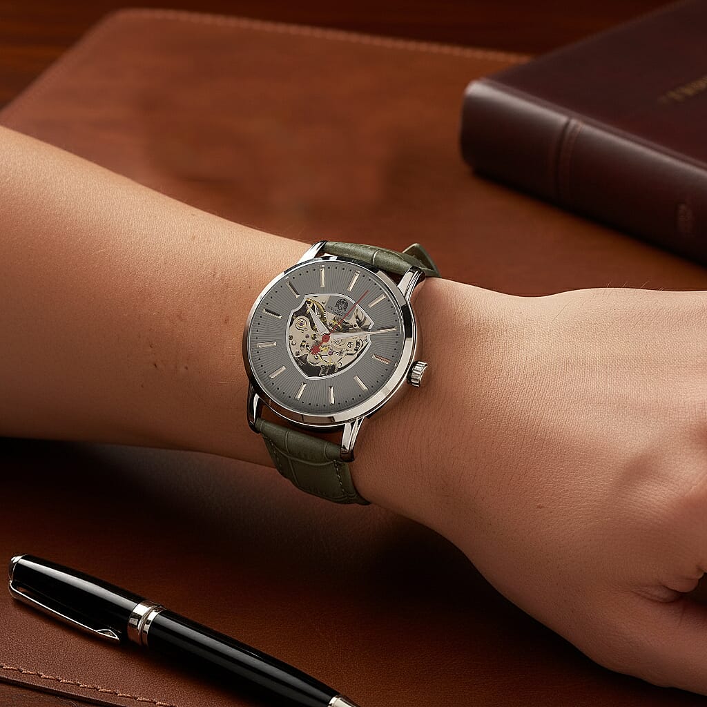 WILLIAM HUNT Automatic Movement 5 ATM Water Resistant Watch With Skeleton Display, Exhibition Back & Grey Leather Strap Presented in a Gift Box_8319738_2