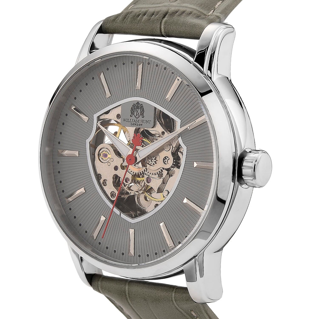 WILLIAM HUNT Automatic Movement 5 ATM Water Resistant Watch With Skeleton Display, Exhibition Back & Grey Leather Strap Presented in a Gift Box_8319738_3