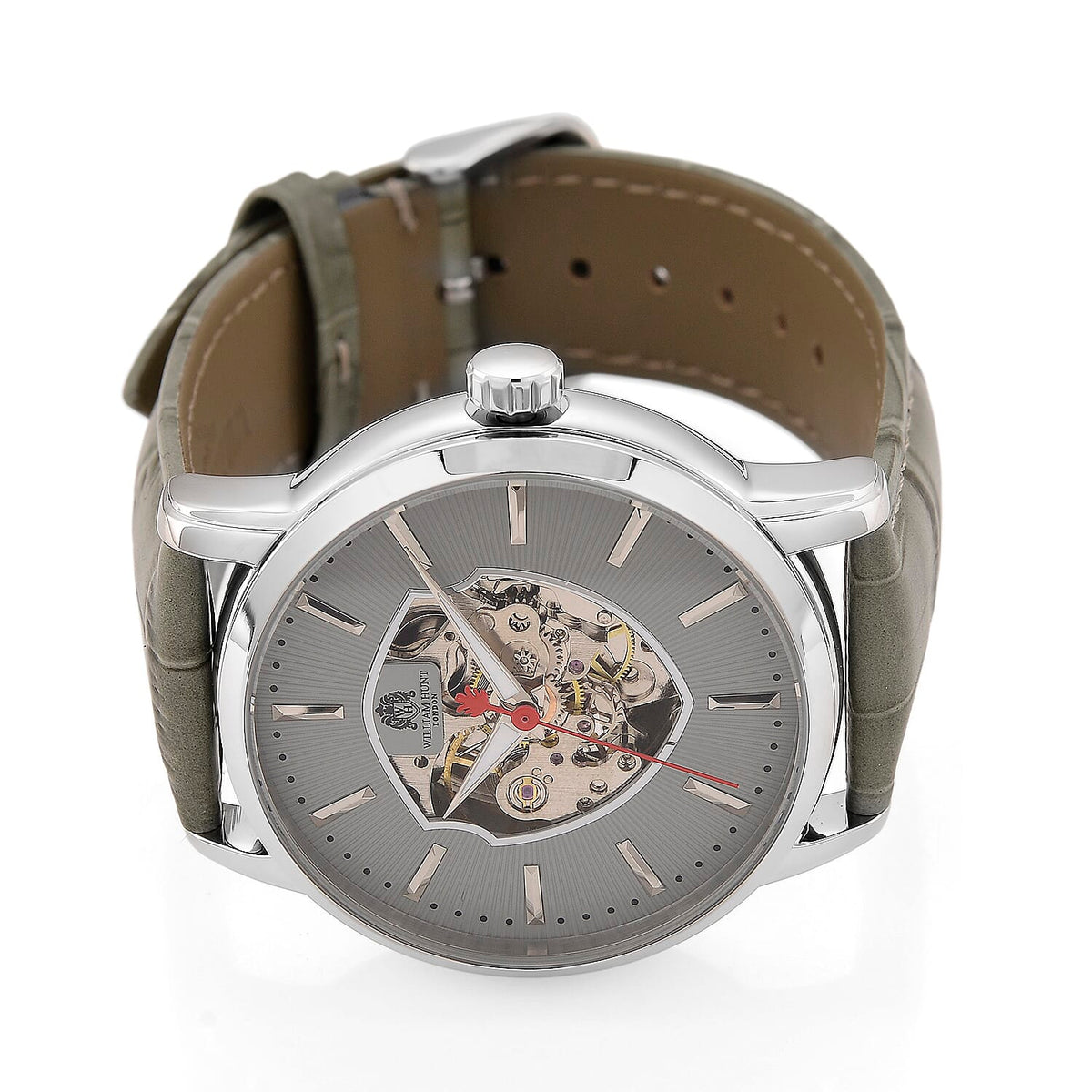 WILLIAM HUNT Automatic Movement 5 ATM Water Resistant Watch With Skeleton Display, Exhibition Back &amp; Grey Leather Strap Presented in a Gift Box V32614081 4