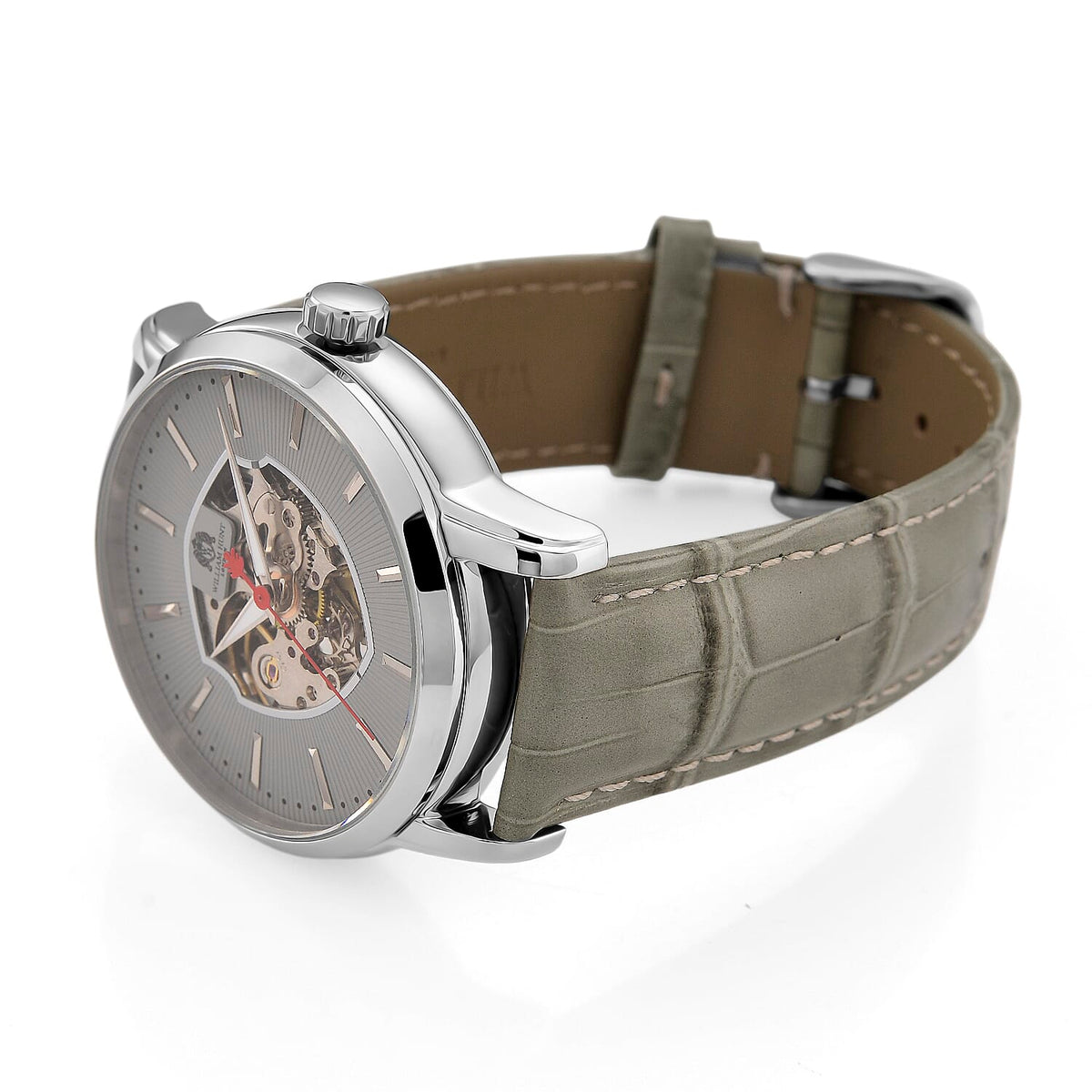 WILLIAM HUNT Automatic Movement 5 ATM Water Resistant Watch With Skeleton Display, Exhibition Back &amp; Grey Leather Strap Presented in a Gift Box V32614081 5