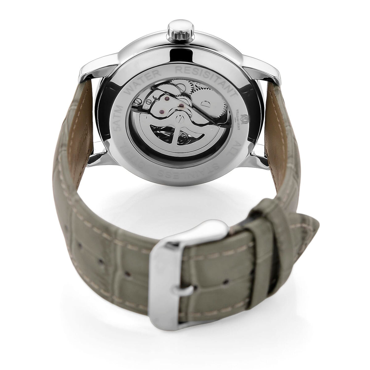 WILLIAM HUNT Automatic Movement 5 ATM Water Resistant Watch With Skeleton Display, Exhibition Back &amp; Grey Leather Strap Presented in a Gift Box V32614081 6