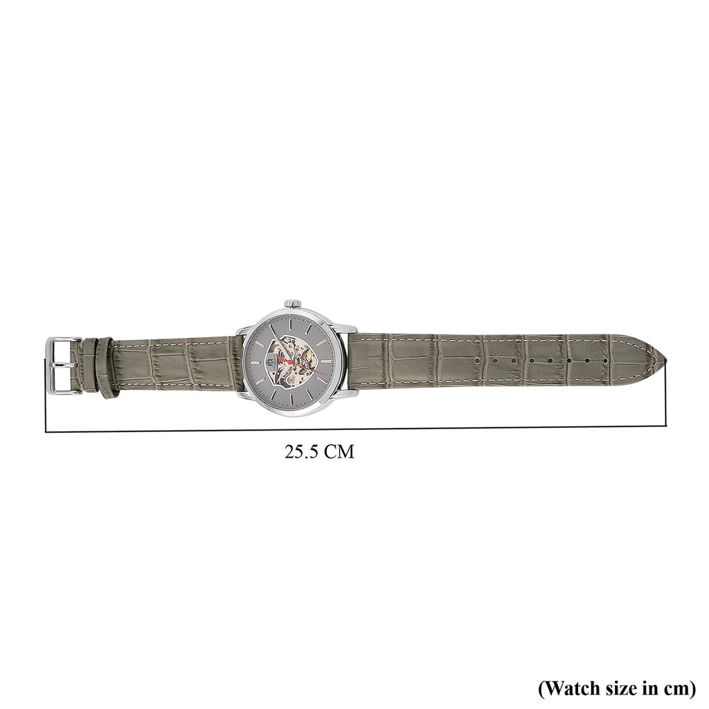 WILLIAM HUNT Automatic Movement 5 ATM Water Resistant Watch With Skeleton Display, Exhibition Back & Grey Leather Strap Presented in a Gift Box_8319738_8
