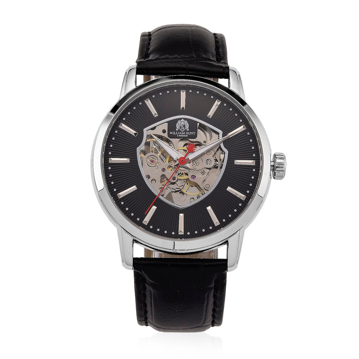 WILLIAM HUNT Automatic Movement 5 ATM Water Resistant Watch With Skeleton Display, Exhibition Back &amp; Black Leather Strap Presented in a Gift Box V32512279 0