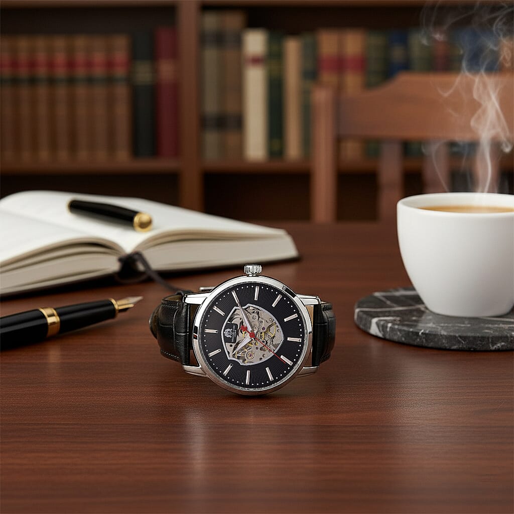 WILLIAM HUNT Automatic Movement 5 ATM Water Resistant Watch With Skeleton Display, Exhibition Back & Black Leather Strap Presented in a Gift Box_8319741_1