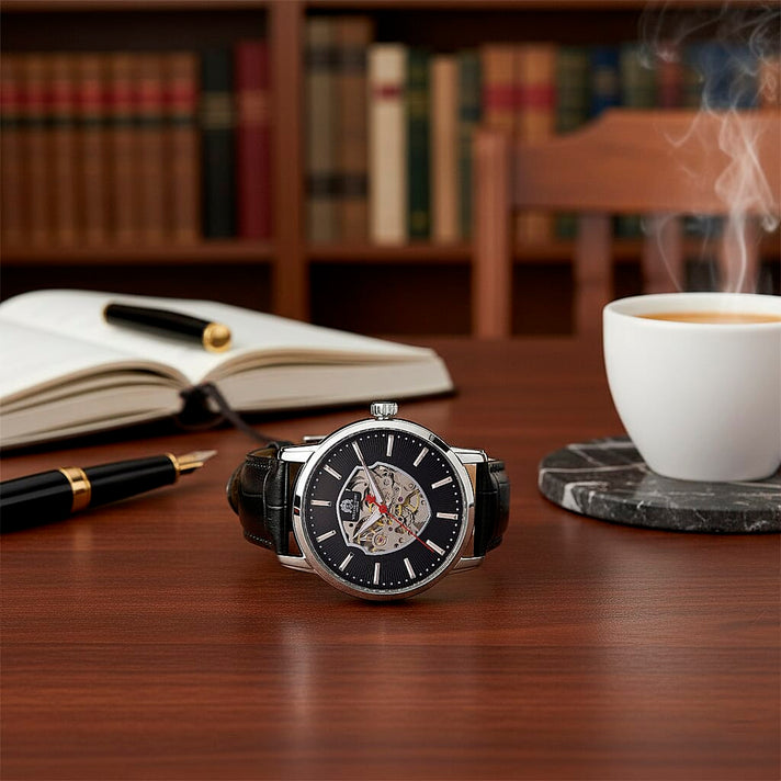 WILLIAM HUNT Automatic Movement 5 ATM Water Resistant Watch With Skeleton Display, Exhibition Back &amp; Black Leather Strap Presented in a Gift Box 8319741 2