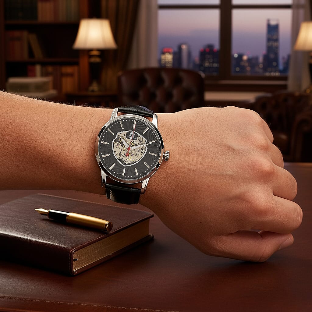 WILLIAM HUNT Automatic Movement 5 ATM Water Resistant Watch With Skeleton Display, Exhibition Back & Black Leather Strap Presented in a Gift Box_8319741_2
