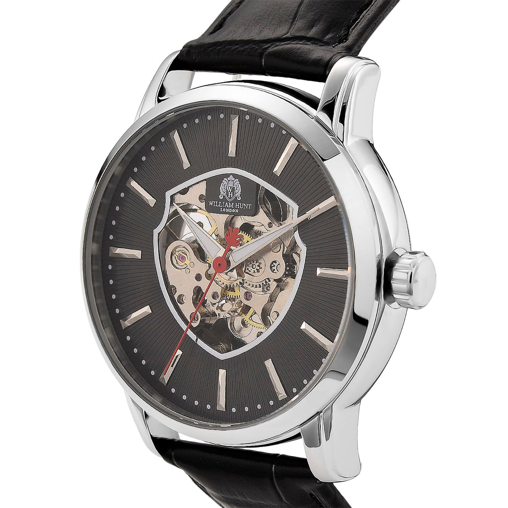 WILLIAM HUNT Automatic Movement 5 ATM Water Resistant Watch With Skeleton Display, Exhibition Back & Black Leather Strap Presented in a Gift Box_8319741_3