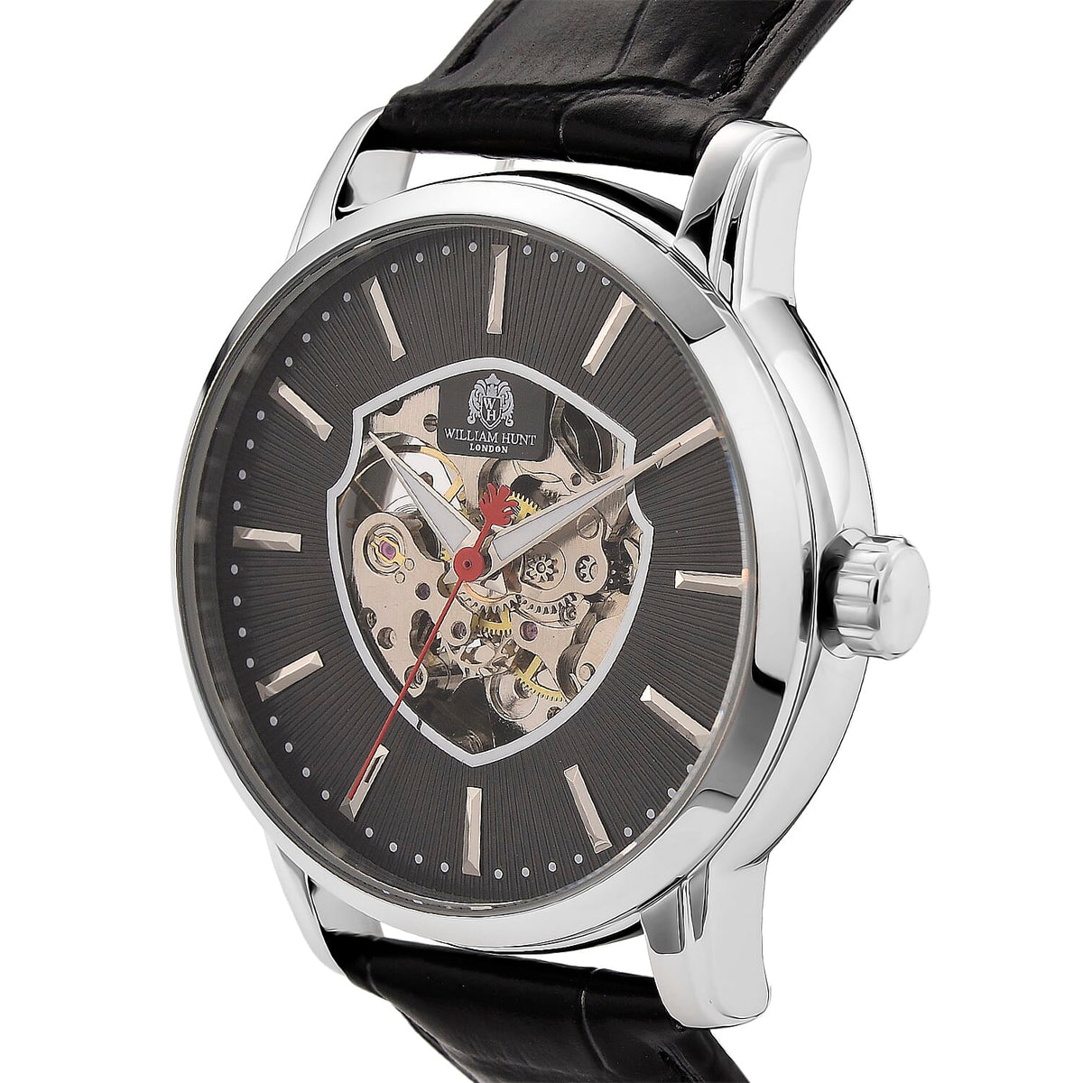 WILLIAM HUNT Automatic Movement 5 ATM Water Resistant Watch With Skeleton Display, Exhibition Back &amp; Black Leather Strap Presented in a Gift Box V32512279 3