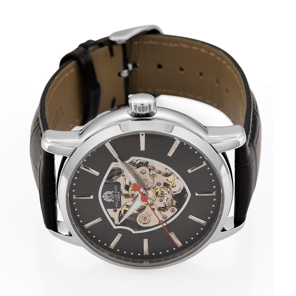 WILLIAM HUNT Automatic Movement 5 ATM Water Resistant Watch With Skeleton Display, Exhibition Back &amp; Black Leather Strap Presented in a Gift Box V32512279 4