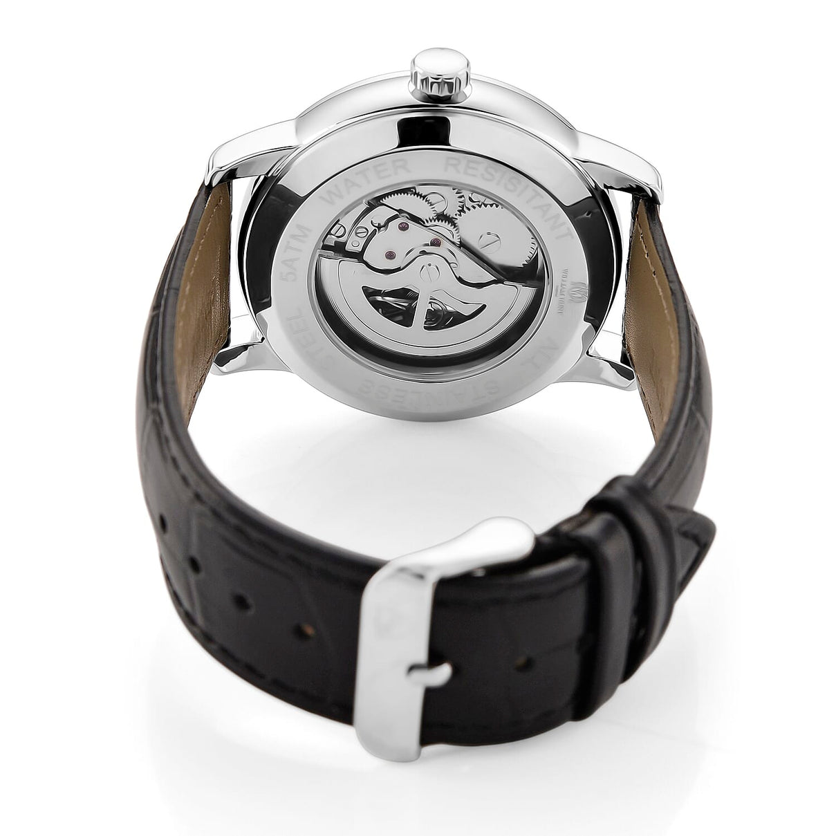 WILLIAM HUNT Automatic Movement 5 ATM Water Resistant Watch With Skeleton Display, Exhibition Back &amp; Black Leather Strap Presented in a Gift Box V32512279 6