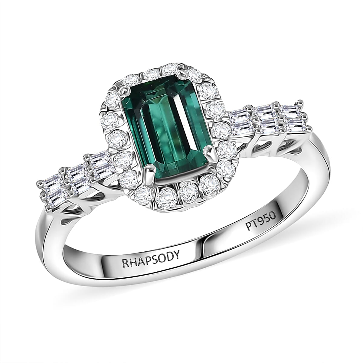 Certified and Appraised RHAPSODY AAAA Lagoon Tourmaline White Diamond EF, VS Main Stone With Side Stone Ring in 950 Platinum, Platinum Wt.5.42 Gms  1.543  Ct. 8320402 0