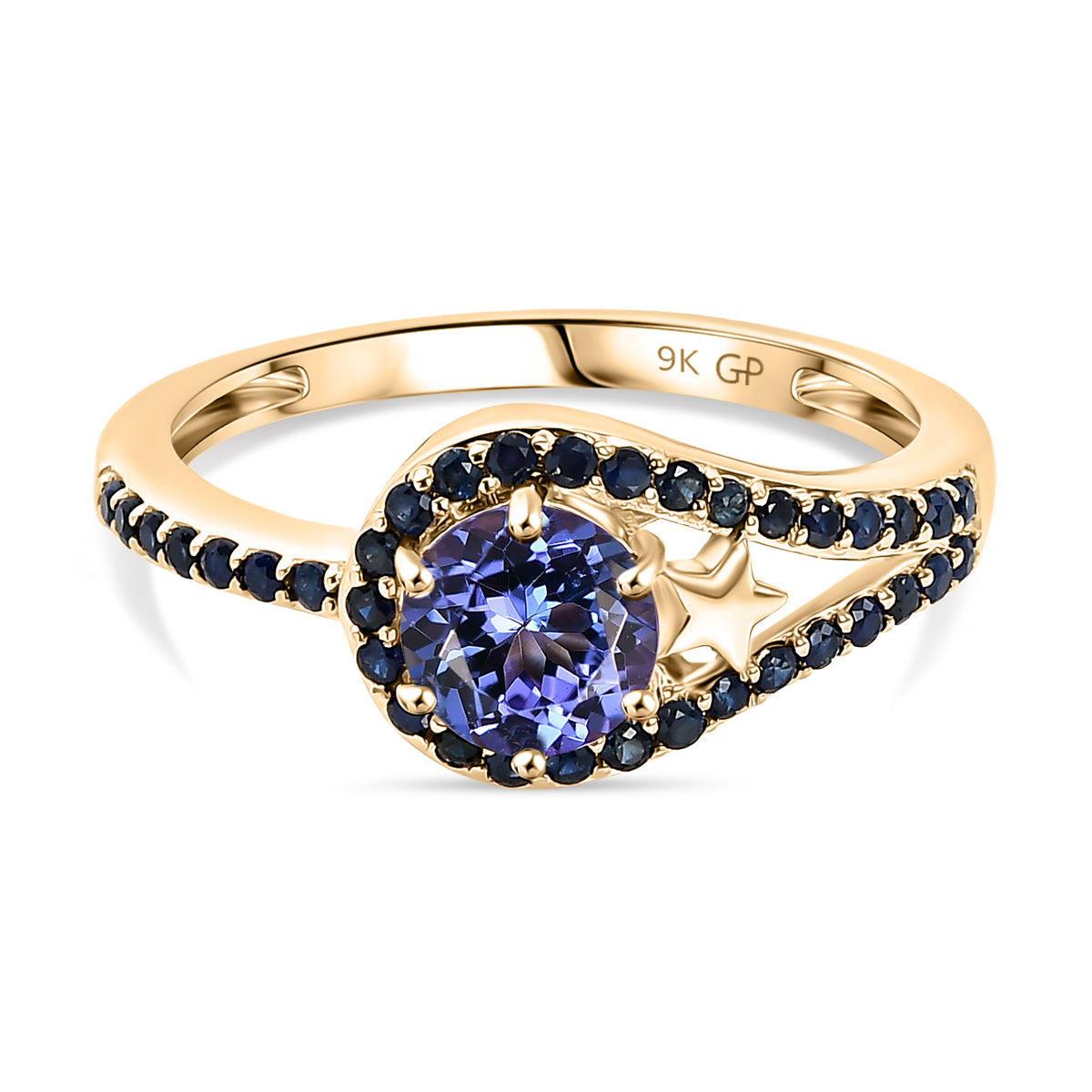 GP - 9K Yellow Gold AAA Tanzanite &amp; Blue Sapphire Split Shank Halo Ring 1.20 Ct. 8321501 0