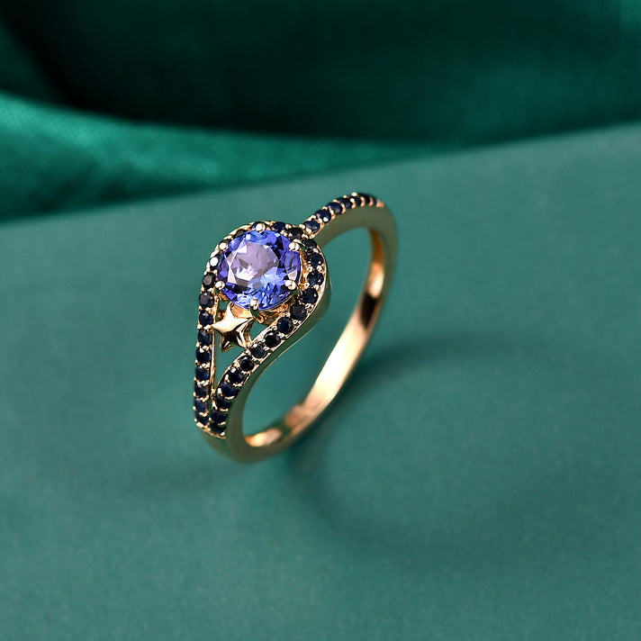 GP - 9K Yellow Gold AAA Tanzanite &amp; Blue Sapphire Split Shank Halo Ring 1.20 Ct. 8321501 2