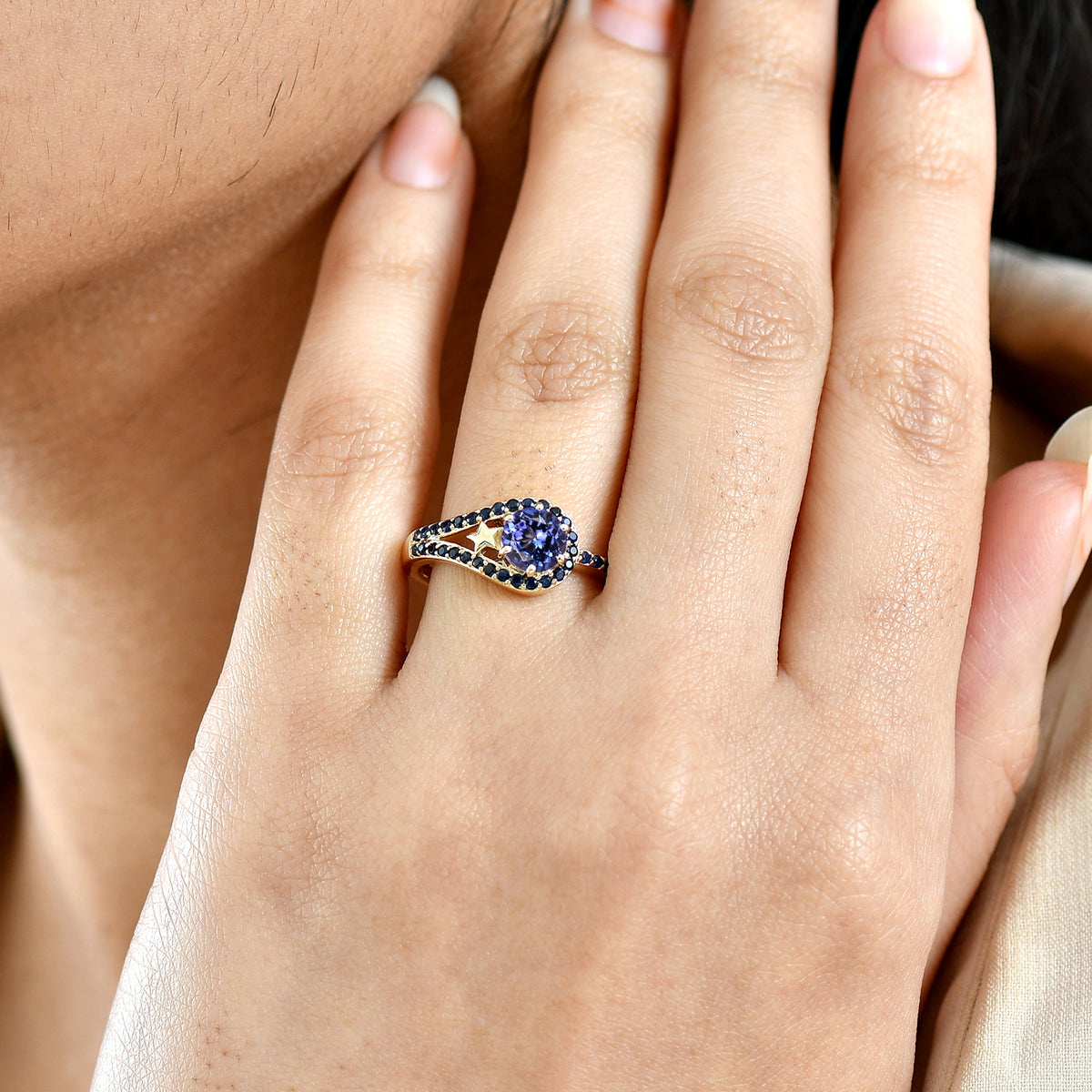 GP - 9K Yellow Gold AAA Tanzanite &amp; Blue Sapphire Split Shank Halo Ring 1.20 Ct. 8321501 3