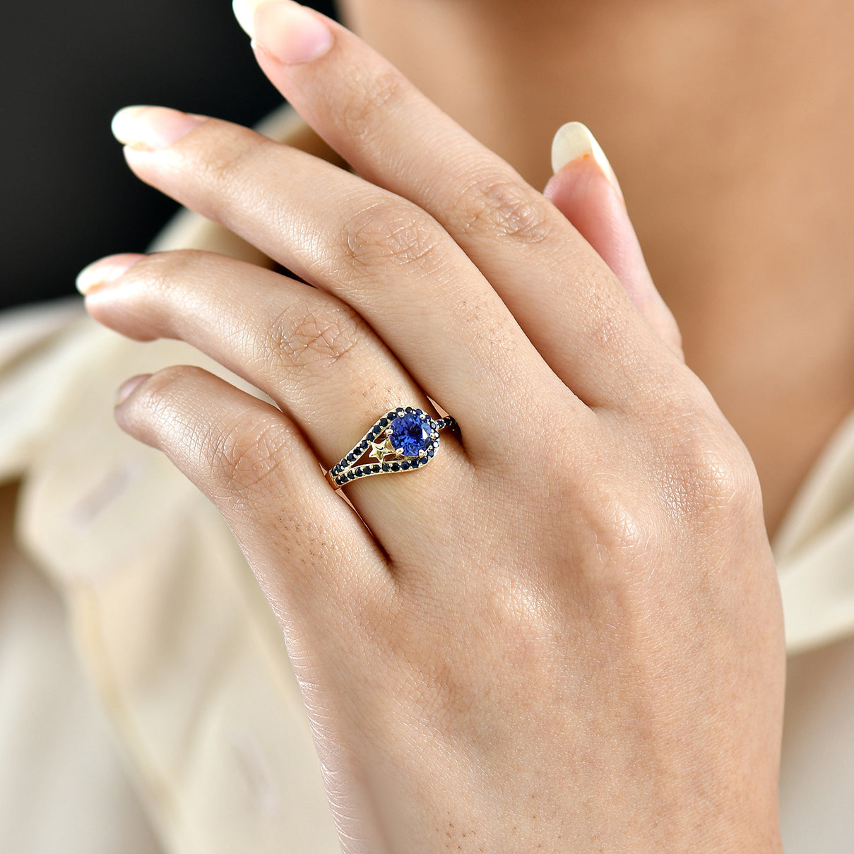 GP - 9K Yellow Gold AAA Tanzanite &amp; Blue Sapphire Split Shank Halo Ring 1.20 Ct. 8321501 4