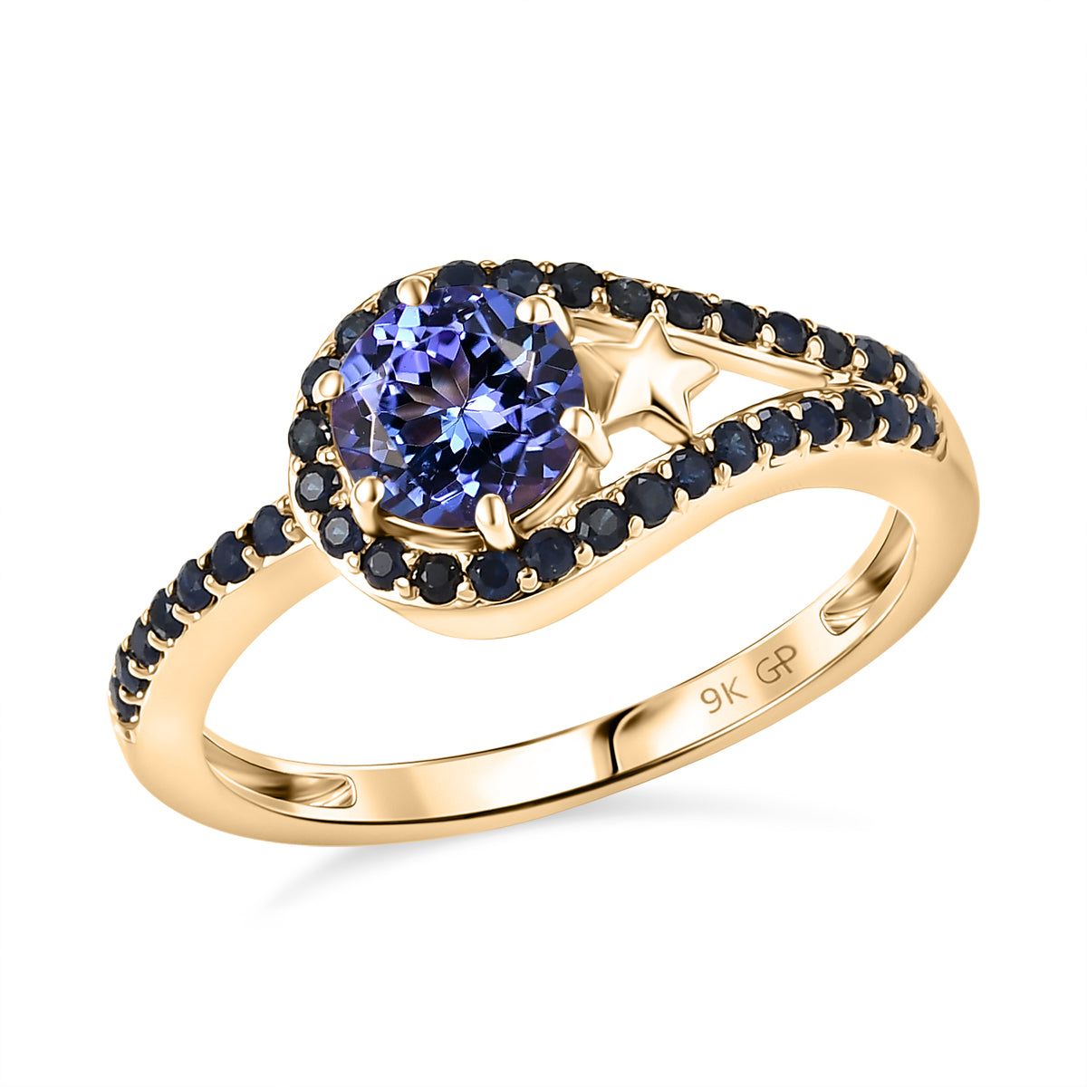 GP - 9K Yellow Gold AAA Tanzanite &amp; Blue Sapphire Split Shank Halo Ring 1.20 Ct. 8321501 5