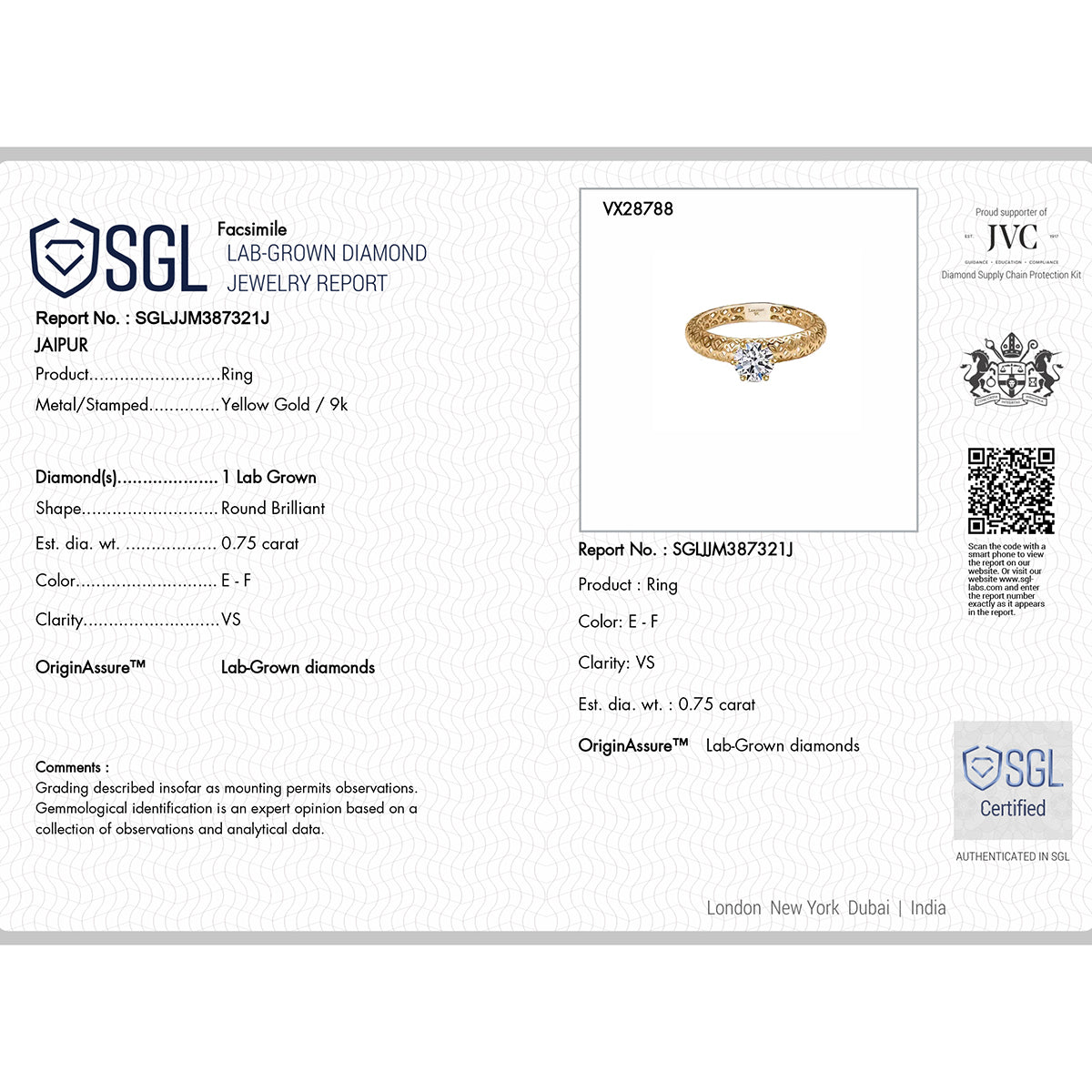 LUXURIANT 1 Ct. VS-EF Lab Grown Diamond Solitaire Ring in 9K Gold, SGL Certified 8321659 8