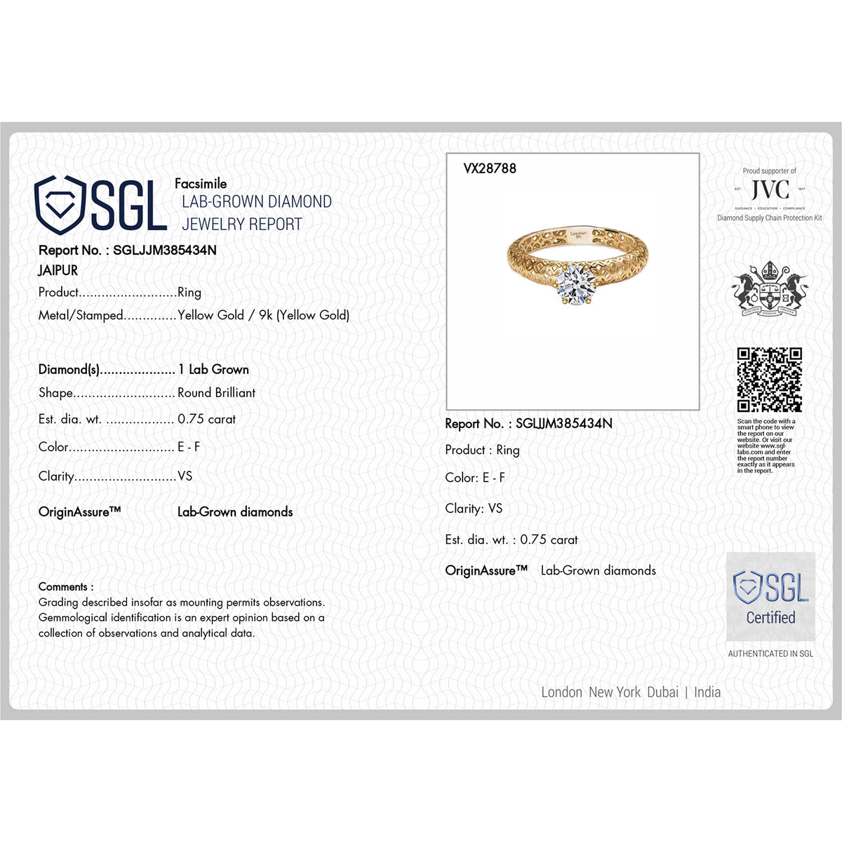 LUXURIANT 1 Ct. VS-EF Lab Grown Diamond Solitaire Ring in 9K Gold, SGL Certified V32635187 7