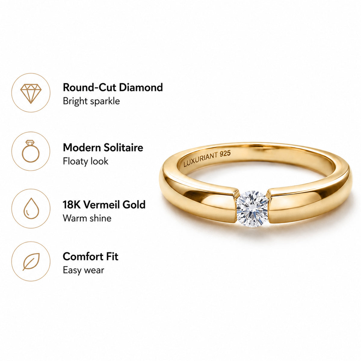 LUXURIANT Lab Grown Diamond Solitaire Stackable Ring in 18K Vermeil Yellow Gold Plated Sterling Silver (SI/GH) 8322443 5