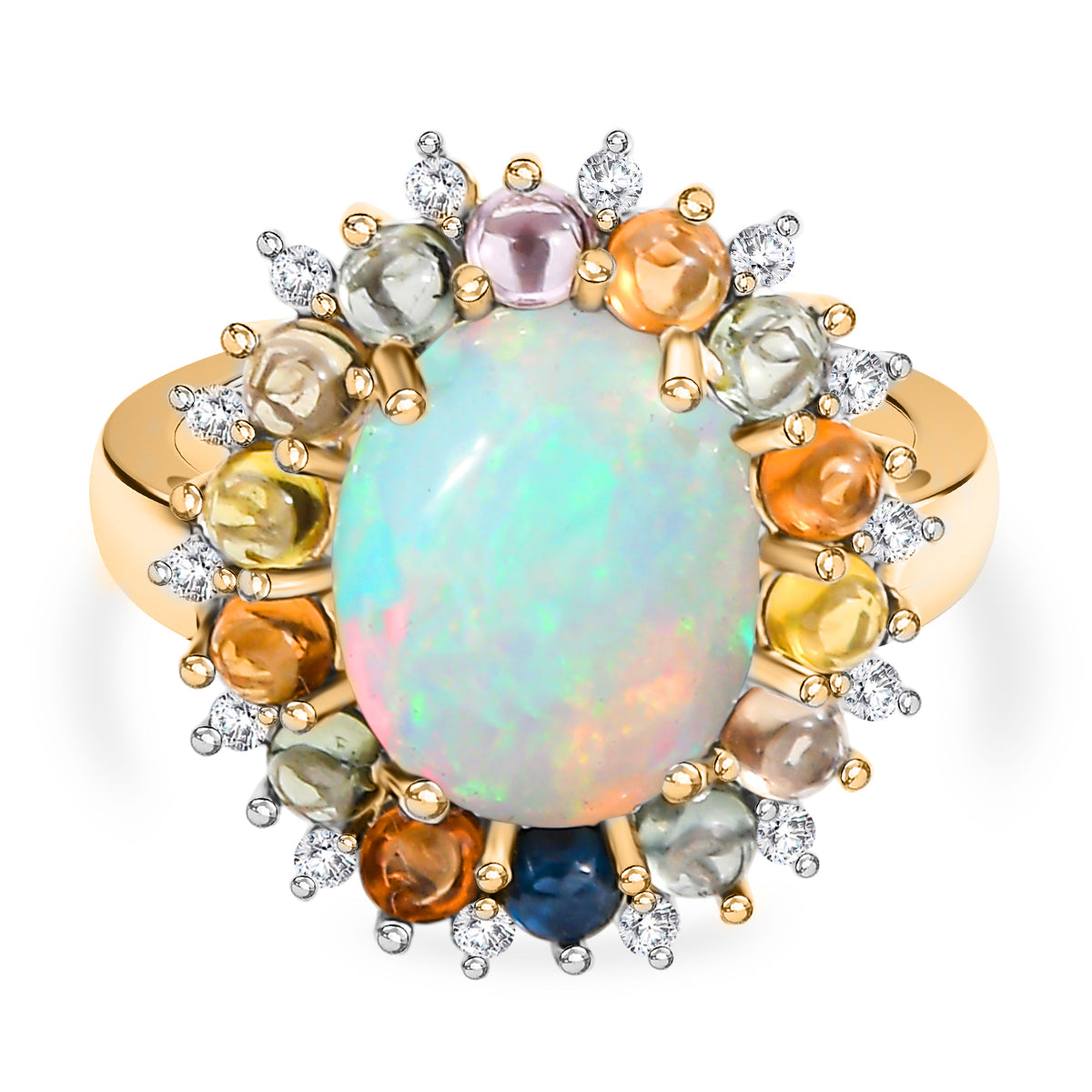 D'Joy Ethiopian Opal, Multi Sapphire &amp; White Zircon Halo Ring in 18K Vermeil Yellow Gold Plated Sterling Silver 4.28 Ct. V32514403 0
