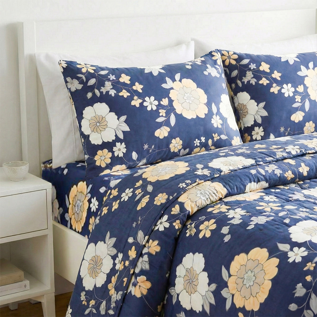 Livmore 4-Piece Microfiber Floral Bedding Set - inc. Duvet Cover, Fitted Sheet, and 2 Pillowcases (Double, 200 x 200) - Navy 8324183 1