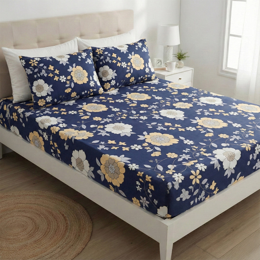 Livmore 4-Piece Microfiber Floral Bedding Set - inc. Duvet Cover, Fitted Sheet, and 2 Pillowcases (Double, 200 x 200) - Navy