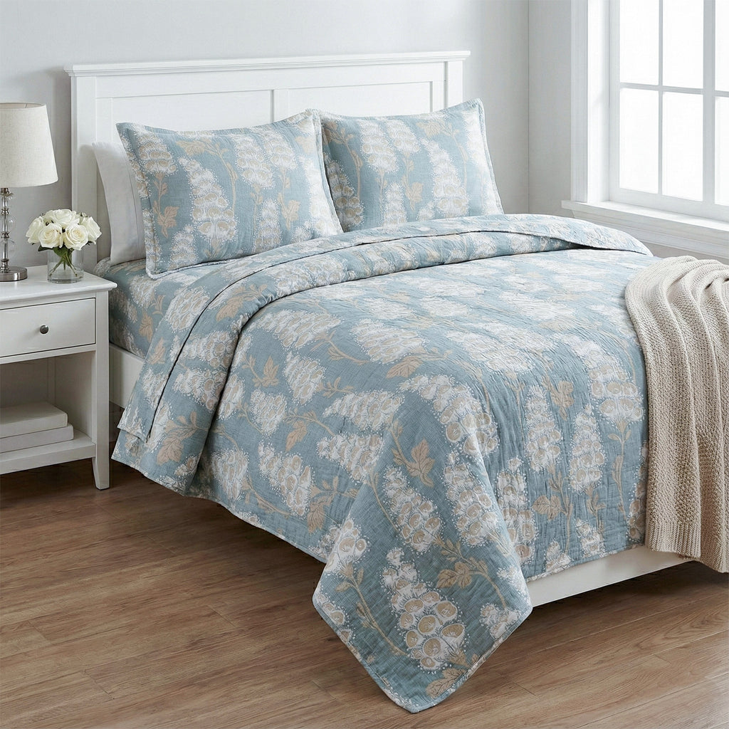 Livmore 4-Piece Microfiber Floral Print Bedding Set - inc. Duvet Cover, Fitted Sheet, and 2 Pillowcases (Double, 200 x 200) - Grey & Beige