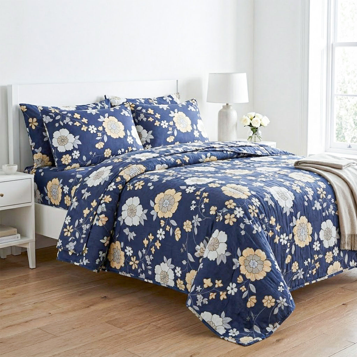 Livmore 4-Piece Microfiber Floral Print Bedding Set - inc. Duvet Cover, Fitted Sheet, and 2 Pillowcases (King, 225 x 220) - Navy V32537177 0