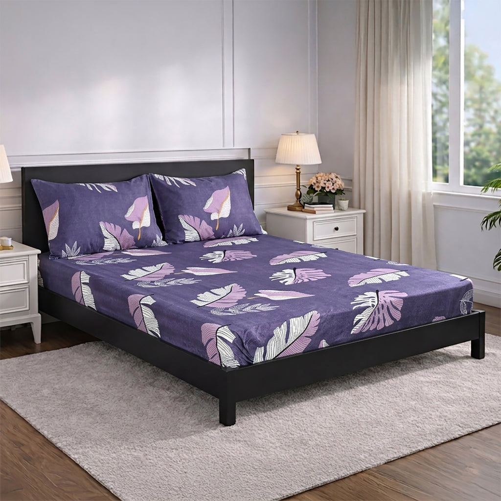 Livmore Set of 3 Printed Micro Fitted Sheets With 2 x Pillow Cases For Double Bed (Size 140x190x30Cm) - Light Purple & Multicolour_8324246