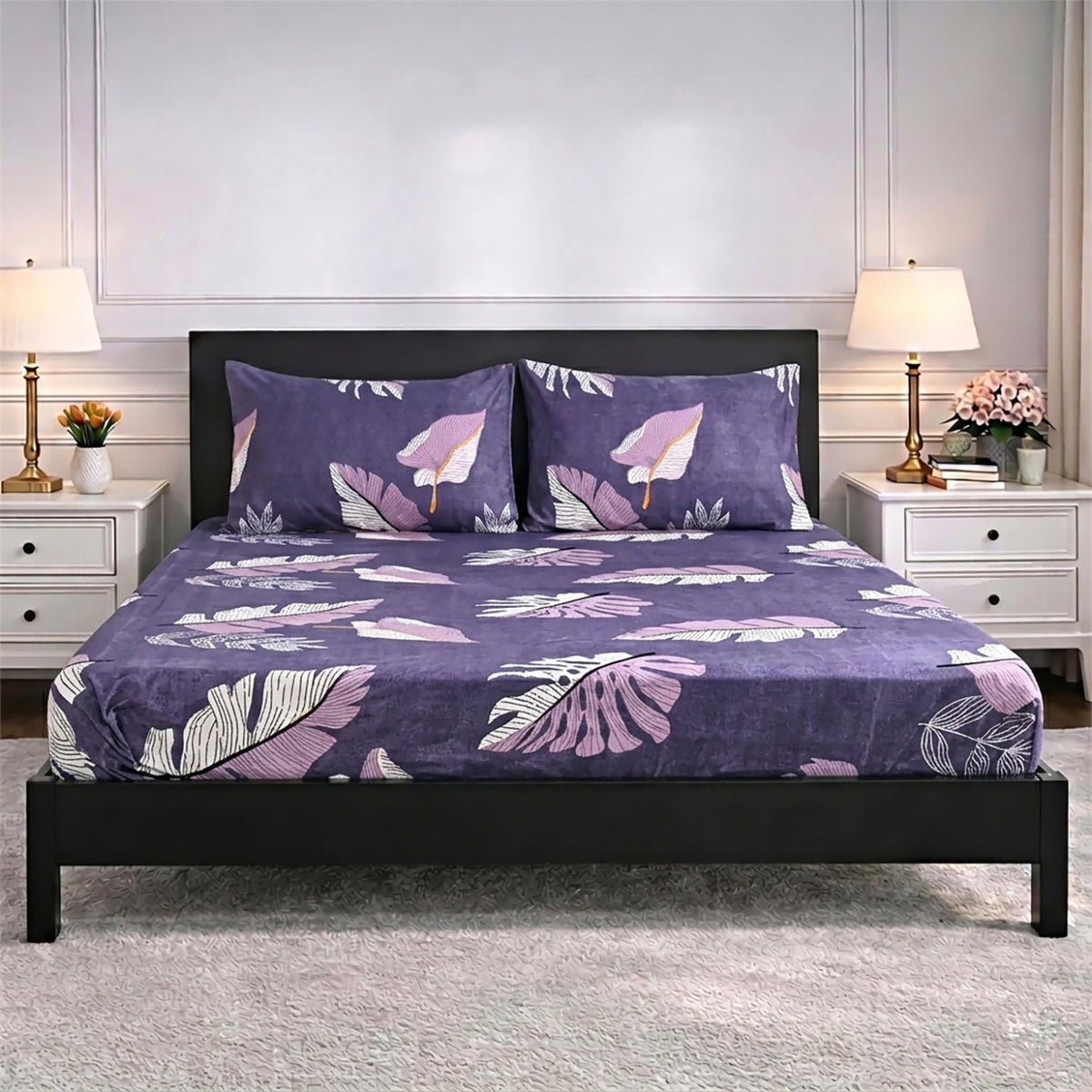 Livmore Set of 3 Printed Micro Fitted Sheets With 2 x Pillow Cases For Double Bed (Size 140x190x30Cm) - Light Purple &amp; Multicolour V32514377 2