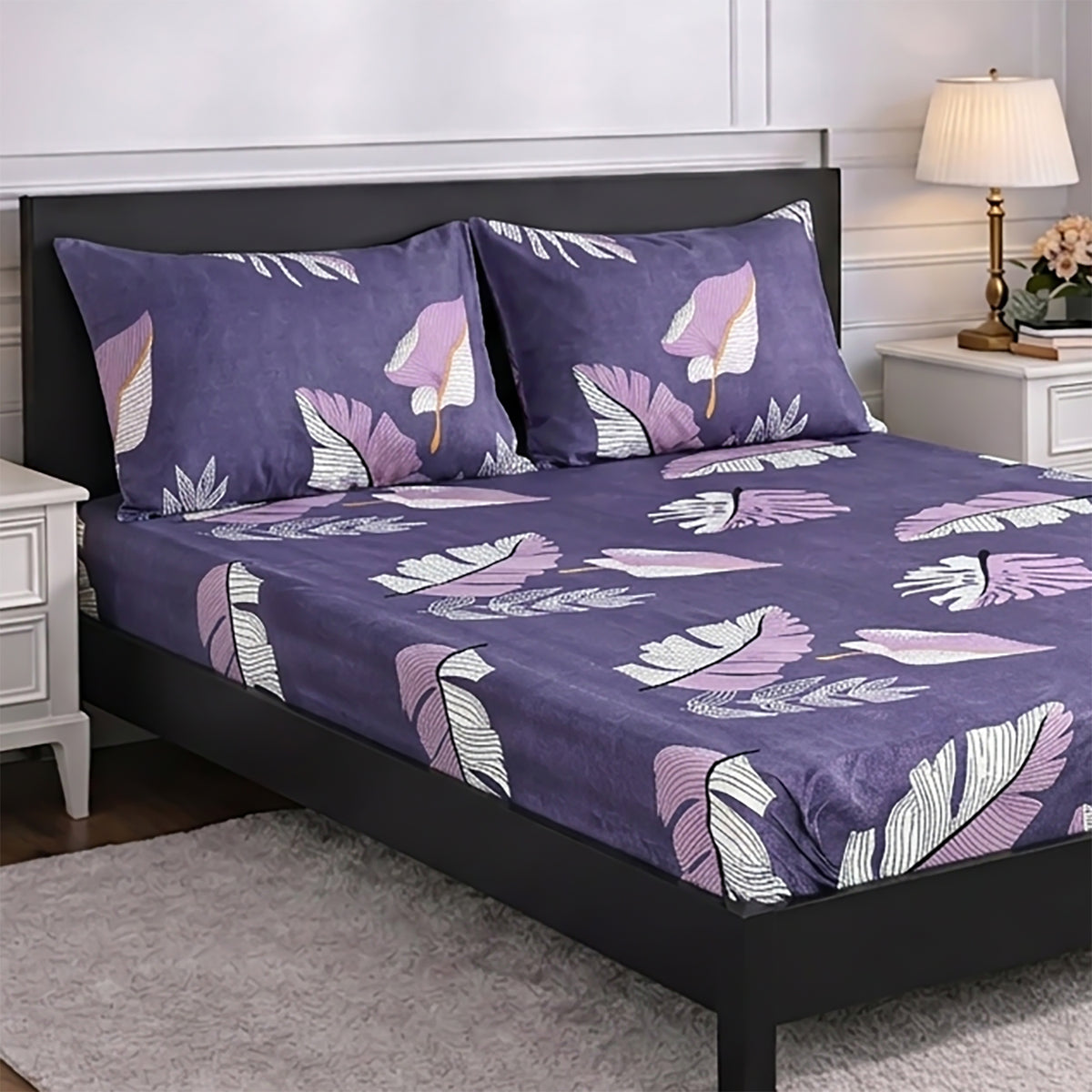 Livmore Set of 3 Printed Micro Fitted Sheets With 2 x Pillow Cases For Double Bed (Size 140x190x30Cm) - Light Purple &amp; Multicolour V32514377 3