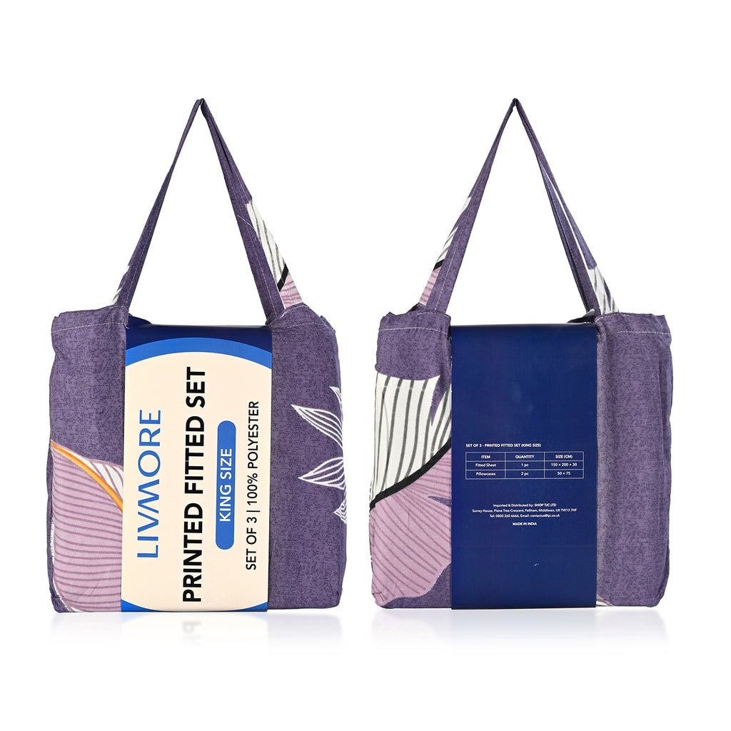 Livmore Set of 3 Printed Micro Fitted Sheets With 2 x Pillow Cases For Double Bed (Size 140x190x30Cm) - Light Purple & Multicolour_8324246_7