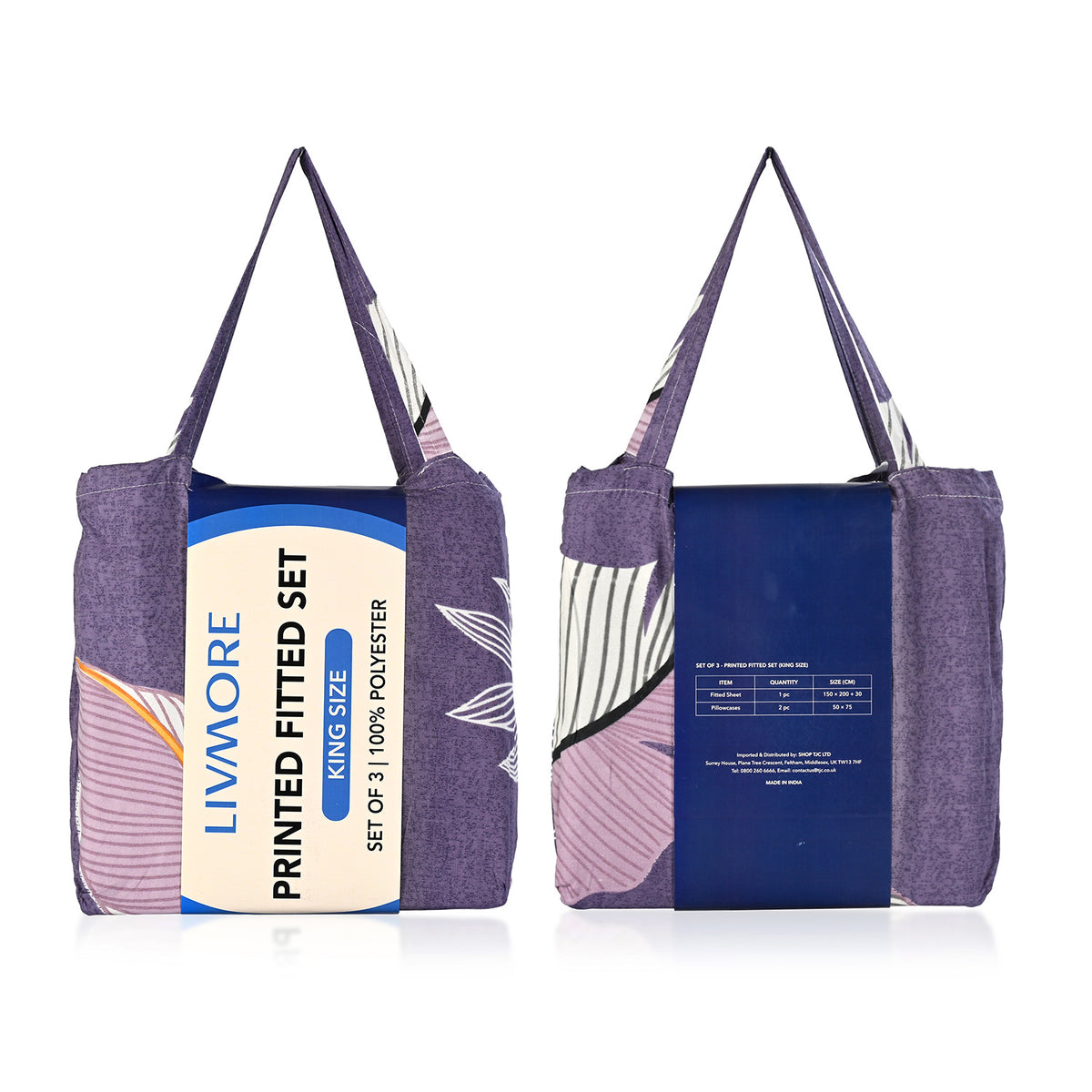 Livmore Set of 3 Printed Micro Fitted Sheets With 2 x Pillow Cases For Double Bed (Size 140x190x30Cm) - Light Purple &amp; Multicolour V32514377 8