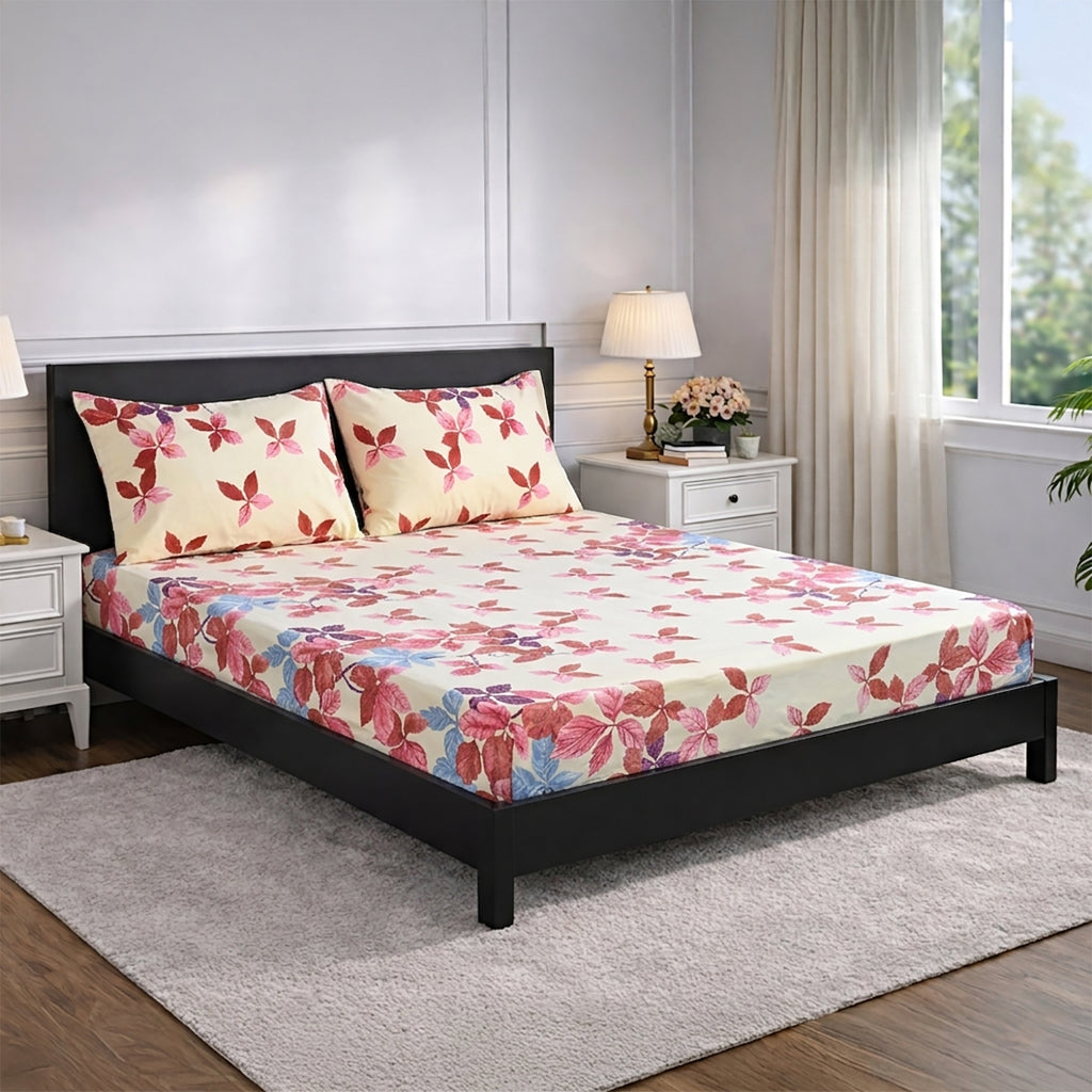 Livmore Set of 3 Printed Micro Fitted Sheets With 2 x Pillow Cases For Double Bed (Size 140x190x30Cm) - Cream & Rose Pink_8324249