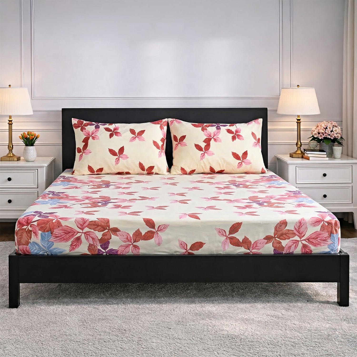 Livmore Set of 3 Printed Micro Fitted Sheets With 2 x Pillow Cases For Double Bed (Size 140x190x30Cm) - Cream &amp; Rose Pink V32513454 2